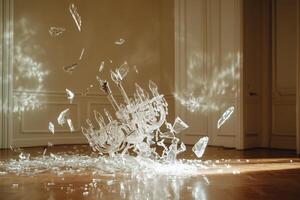 A shattered crystal chandelier lies on a wooden floor, with shards scattered around. The room has elegant walls and soft lighting, creating a dramatic atmosphere. photo