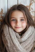 A little girl with long hair wrapped in a scarf photo