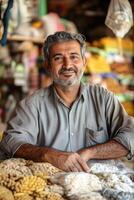 A man in a market with a variety of nuts and dried fruits photo