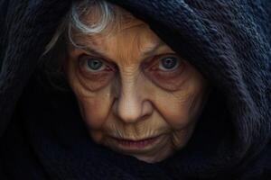 An older woman with a black hood on her head photo