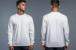 Two men wearing white long sleeve t - shirts mock up photo