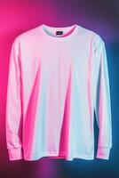 White long sleeve t - shirt on a pink and blue background photo