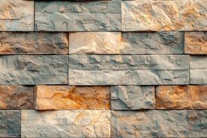A textured wall made of stacked artesia stone cladding blocks in various shades of gray and orange. The stones are unevenly shaped, creating a natural and rustic appearance. photo