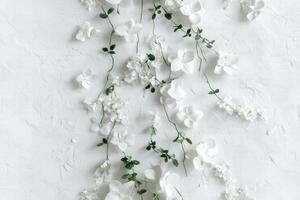 Seamless beautiful arrangement of white flowers and greenery on a textured white background, creating a serene and elegant atmosphere. Wedding texture background. photo