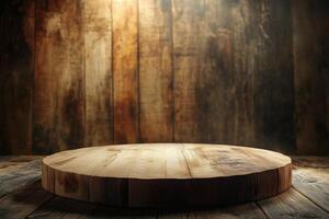 A wooden round platform stage for product on a rustic wooden surface, illuminated by soft light, creating a warm and inviting atmosphere. The background features textured wooden planks. photo