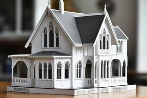 A detailed architectural model of a Gothic Revival Victorian-style house, featuring intricate designs, multiple gables, and large windows. The model is white with a gray roof, set on a wooden table. photo