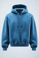 A stylish blue color hoodie mockup with a front pocket and drawstrings, displayed against a light background. Sweatshirt with hood long sleeve for print. photo