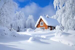 A cozy wooden Saltbox style house cabin surrounded by a winter wonderland of snow-covered trees and a bright blue sky. The scene captures the tranquility of a snowy landscape with fluffy white snow. photo