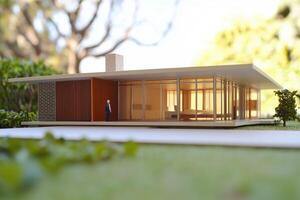 A scale model of a Midcentury Modern house style featuring large glass windows, a flat roof, and a minimalist design. The model is set in a green outdoor environment with trees in the background. photo