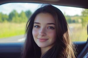 A young woman is sitting in the back seat of a car photo