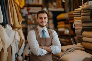 A man in an apron standing in front of a store full of fabric photo