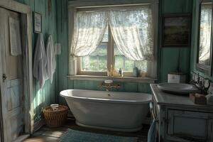 A cozy cape cod bathroom featuring a vintage freestanding bathtub, wooden walls painted in teal, and a window with lace curtains. Soft light filters through, illuminating towels and toiletries. photo