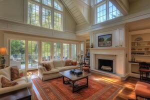 A large living room with a fireplace and a large window photo