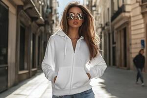 Woman in white hoodie and sunglasses on a city street photo