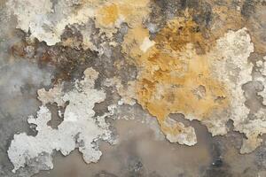 Textured wall with peeling paint in shades of white, gray, and yellow. The surface shows signs of wear and age, creating an abstract pattern. photo