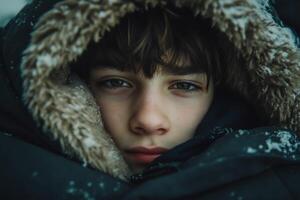 A young boy is wrapped up in a coat photo