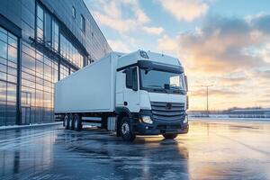 A white truck parked in front of a modern building during sunset. The sky is filled with clouds and warm colors, reflecting on the wet ground. photo