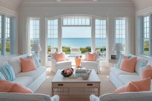 Bright coastal cape cod living room with ocean view, featuring white sofas, coral pillows, and large windows. photo