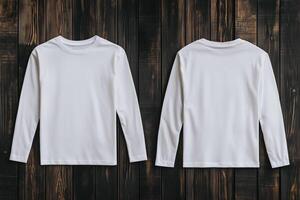 White long sleeve mockup on wooden background photo
