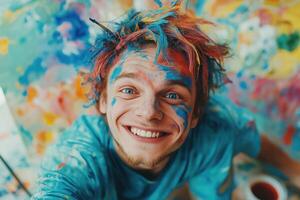 un hombre con vistoso pelo es sonriente mientras pintura foto