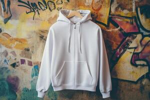 A white hoodie hanging on a wall with graffiti photo