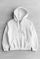 A white hoodie with a zipper on the front photo