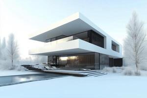 A modern, minimalist house with a flat roof and large glass windows, surrounded by a snowy landscape. The house features a sleek design with a pool in front and trees in the background. photo
