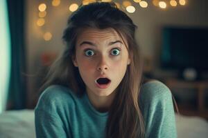 A woman is looking surprised while sitting on a bed photo