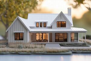A detailed architectural model of a modern farmhouse, showcasing a white exterior with large windows and a porch. The setting features natural landscaping and a soft sunset in the background. photo