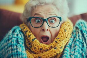 An older woman wearing glasses and a scarf photo