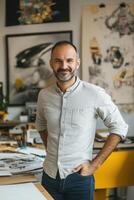 A man standing in front of a desk with art on the wall photo