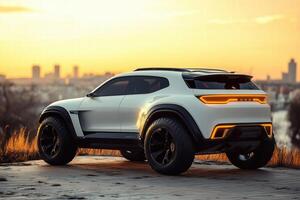 The electric suv is parked on a hillside photo