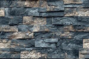 A textured wall made of stacked slate artesia stone cladding in various shades of gray and brown. The stones are irregularly shaped, creating a natural and rustic appearance. photo