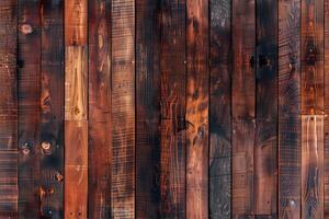 Rustic wooden wall featuring dark, charred wood planks with varying textures and colors, showcasing natural grain patterns and knots. photo