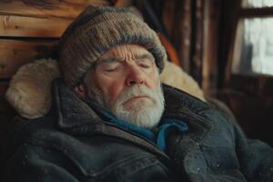 An elderly man sleeping in a chair photo