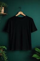 Black t - shirt mockup on a green wall photo