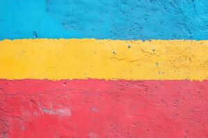 A vibrant wall painted with horizontal stripes of blue, yellow, and red. The texture shows some cracks and imperfections, adding character to the colorful design. photo