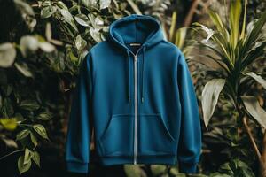 Blue hoodie mockup in the jungle photo