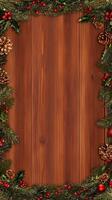 A rustic wooden background framed with festive holiday decorations including pine cones, holly leaves, and red ornaments, perfect for Christmas-themed designs. Christmas texture background. photo