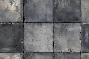Seamless textured concrete surface featuring square tiles arranged in a grid pattern. The tiles have a weathered appearance with varying shades of gray and some rough edges. photo
