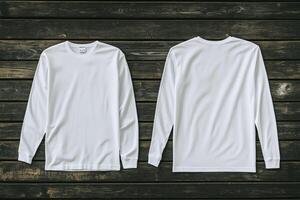 White long sleeve t - shirt mockup on wooden background photo