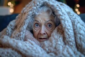 An elderly woman is wrapped up in a blanket photo