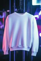 A plain white sweatshirt mockup on a hanger against a colorful, illuminated background. The lighting creates a vibrant atmosphere with shades of blue and pink. photo