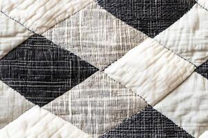 A close up of a black and white quilt photo