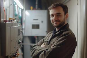 A confident young mechanical engineer man stands with crossed arms in an industrial setting, surrounded by machinery and control panels. He has a friendly smile and is wearing a work jacket. photo
