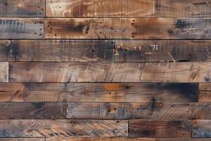 Rustic wooden wall made of various planks with a weathered appearance. The wood features natural textures, knots, and a mix of dark and light tones, creating a warm and inviting atmosphere. photo