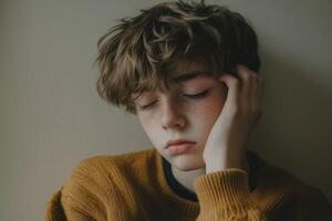 A young boy with his head in his hands photo