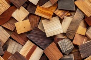 Various wooden tiles in different shades and grains, arranged in a random pattern. The tiles showcase a variety of wood types, textures, and colors, creating a natural mosaic effect. photo