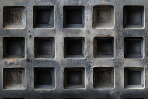 Seamless textured surface featuring a grid of square depressions, showcasing a weathered and industrial appearance with dark tones and subtle dirt. photo