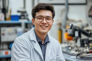 A young male service engineer scientist in a lab coat smiles at the camera. He is in a laboratory filled with scientific equipment and tools, showcasing a friendly and professional demeanor. photo